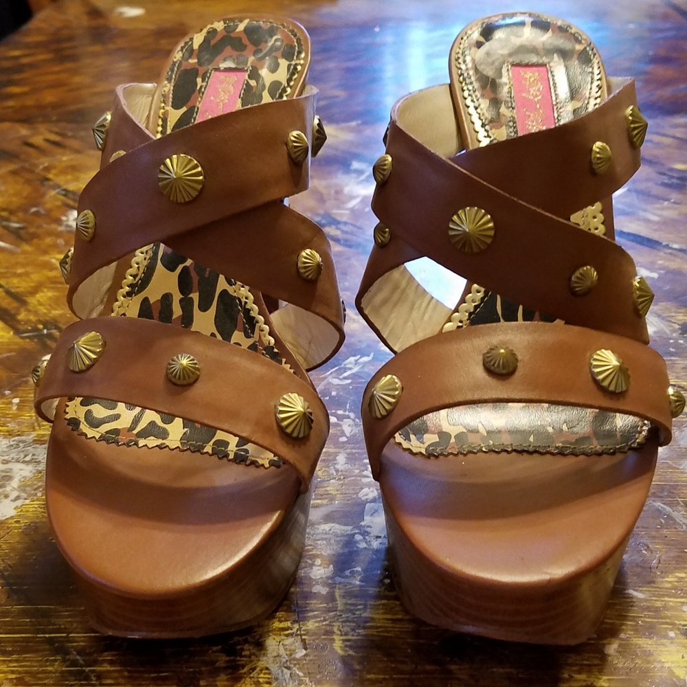Brown Studded Leather Platform Sandals